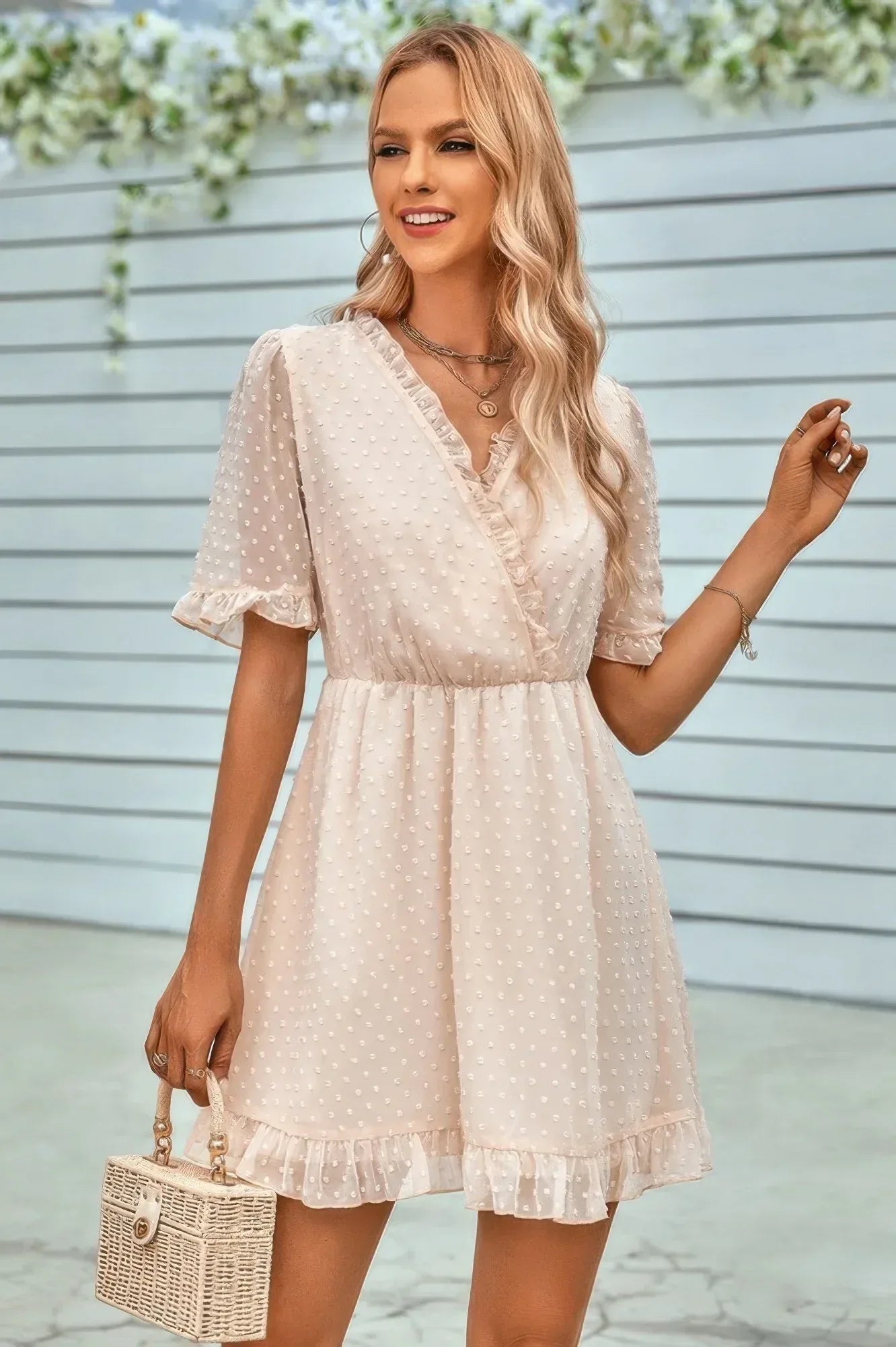 Solid Ruffle Hem Swiss Dot Short Sleeve Midi Dress | Mixtshop LLC