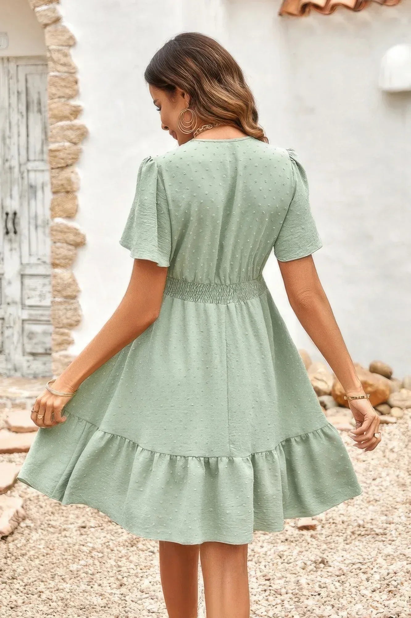 Swiss Dot Cutout Ruffle V Neck Puff Sleeve Dress Secondary image