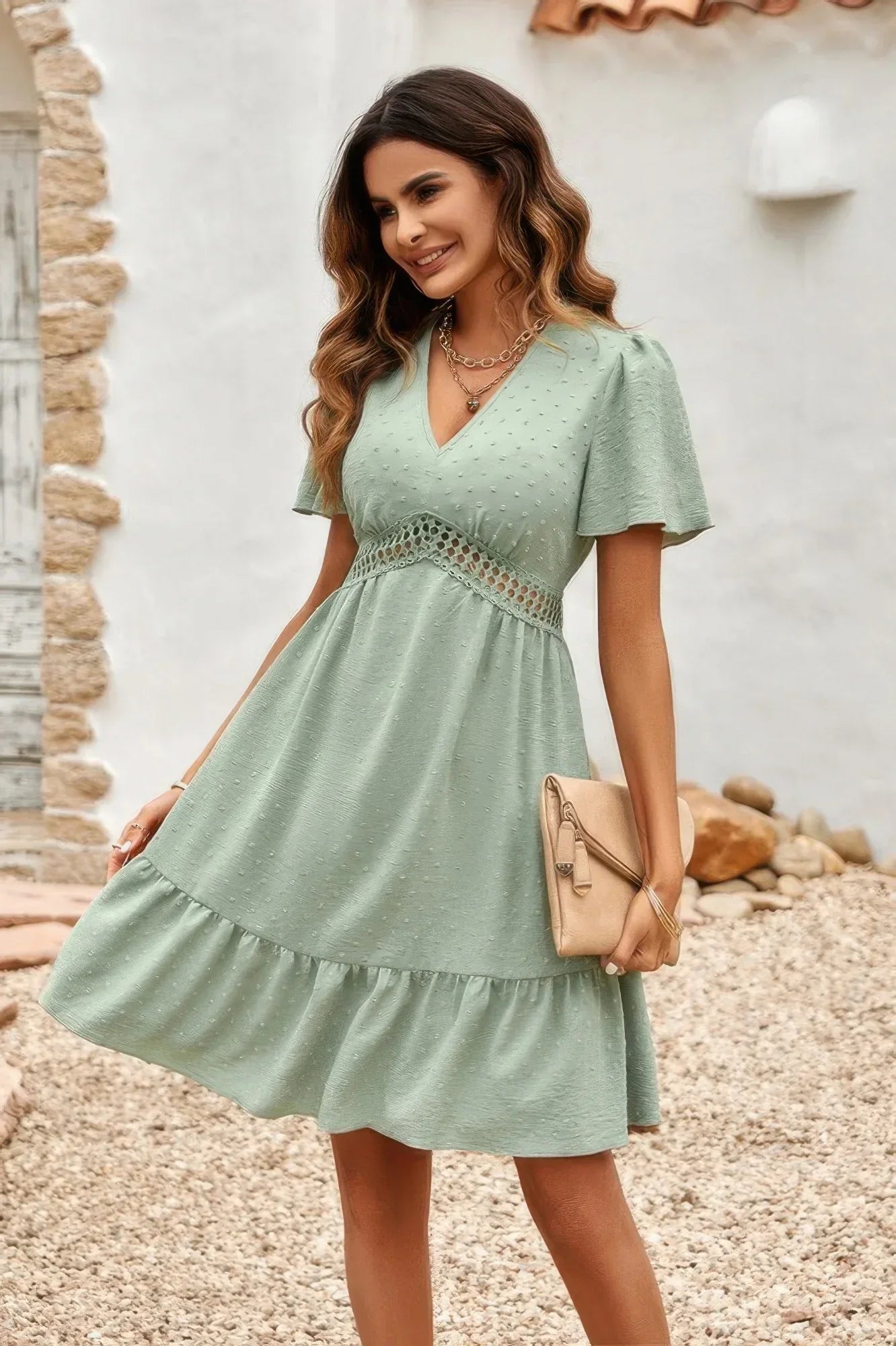 Swiss Dot Cutout Ruffle V Neck Puff Sleeve Dress | Mixtshop LLC
