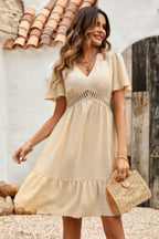 Swiss Dot Cutout Ruffle V Neck Puff Sleeve Dress | Mixtshop LLC