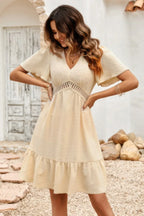 Swiss Dot Cutout Ruffle V Neck Puff Sleeve Dress | Mixtshop LLC