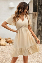 Swiss Dot Cutout Ruffle V Neck Puff Sleeve Dress | Mixtshop LLC