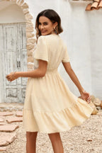 Swiss Dot Cutout Ruffle V Neck Puff Sleeve Dress | Mixtshop LLC