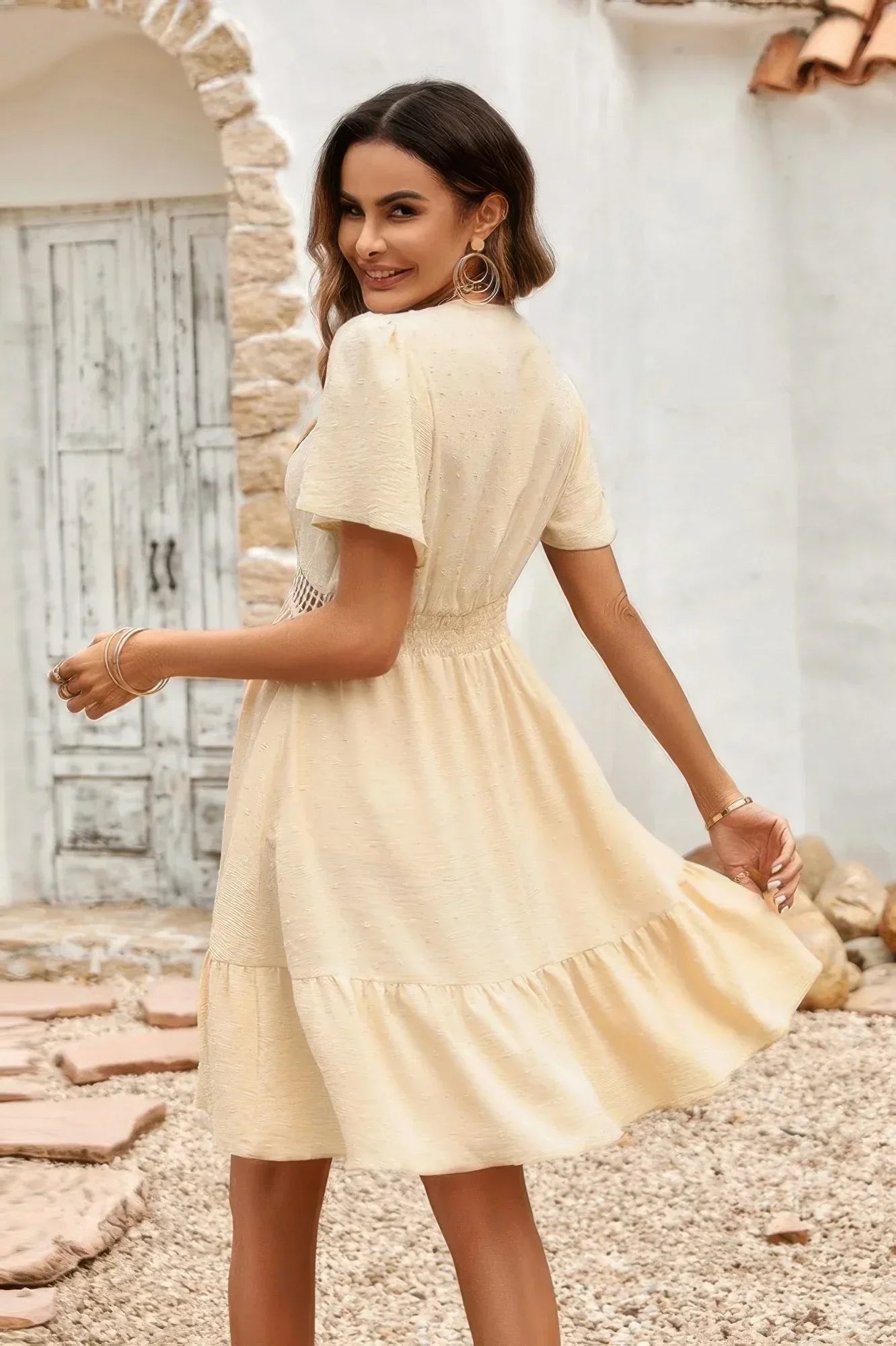 Swiss Dot Cutout Ruffle V Neck Puff Sleeve Dress | Mixtshop LLC