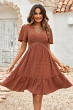 Swiss Dot Cutout Ruffle V Neck Puff Sleeve Dress | Mixtshop LLC