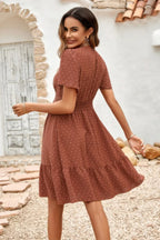 Swiss Dot Cutout Ruffle V Neck Puff Sleeve Dress | Mixtshop LLC