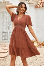 Swiss Dot Cutout Ruffle V Neck Puff Sleeve Dress | Mixtshop LLC