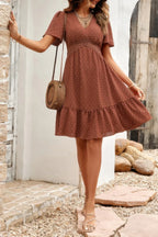 Swiss Dot Cutout Ruffle V Neck Puff Sleeve Dress | Mixtshop LLC