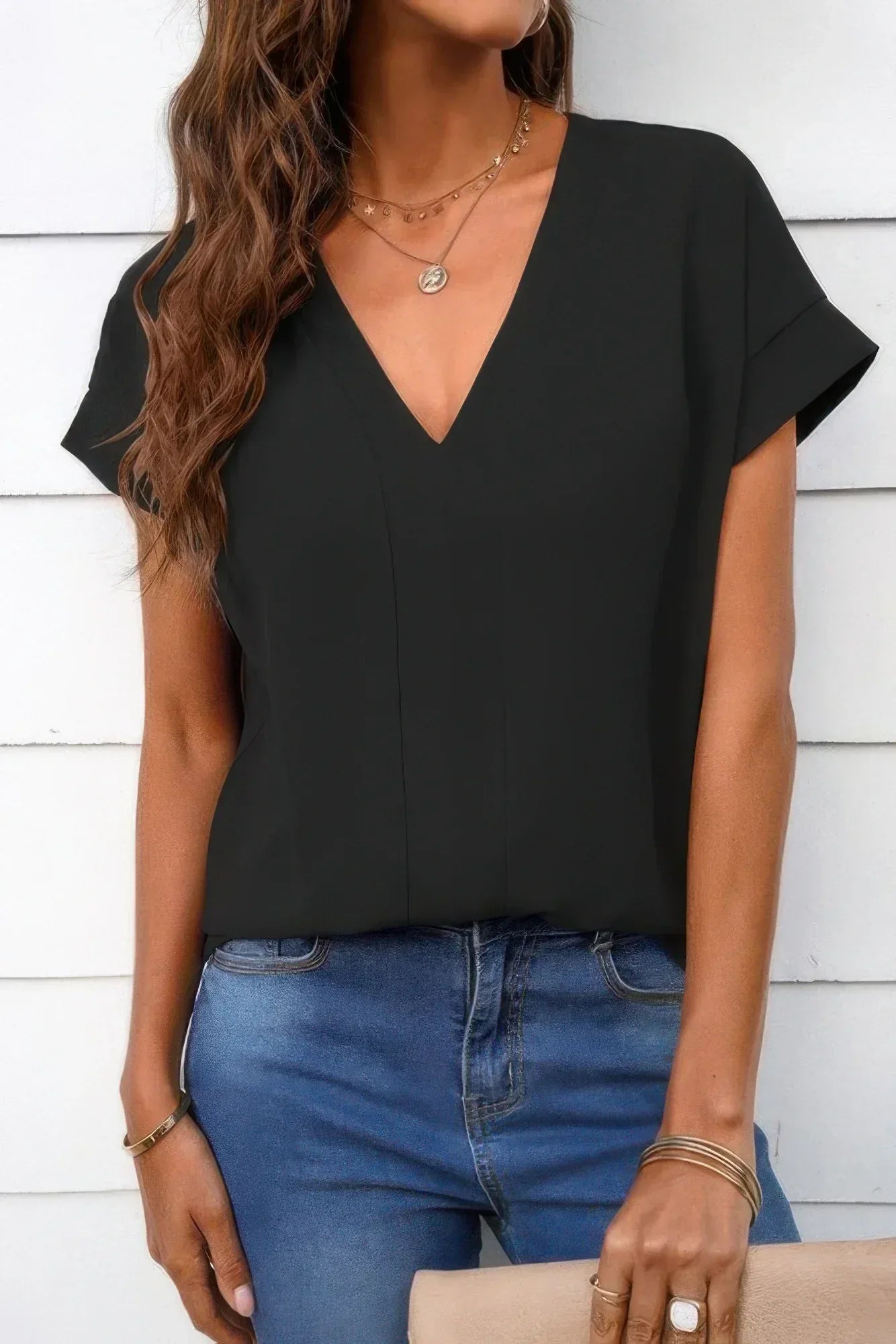 Solid V Neck Short Sleeve Loose Fit Shirt | Mixtshop LLC Main image