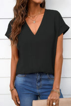 Solid V Neck Short Sleeve Loose Fit Shirt | Mixtshop LLC