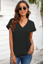 Solid V Neck Short Sleeve Loose Fit Shirt | Mixtshop LLC