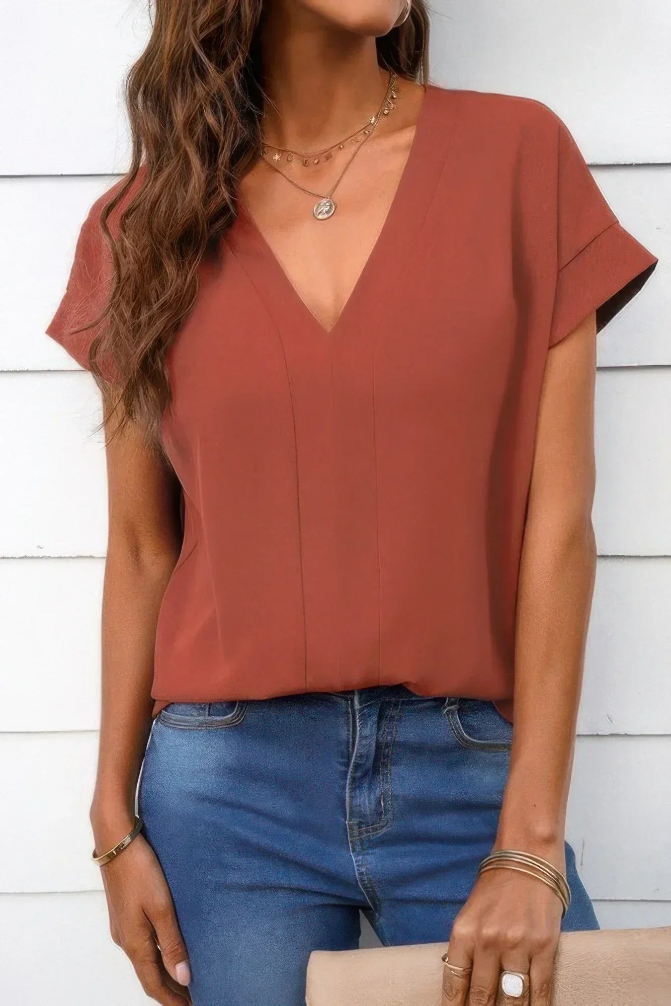 Solid V Neck Short Sleeve Loose Fit Shirt | Mixtshop LLC