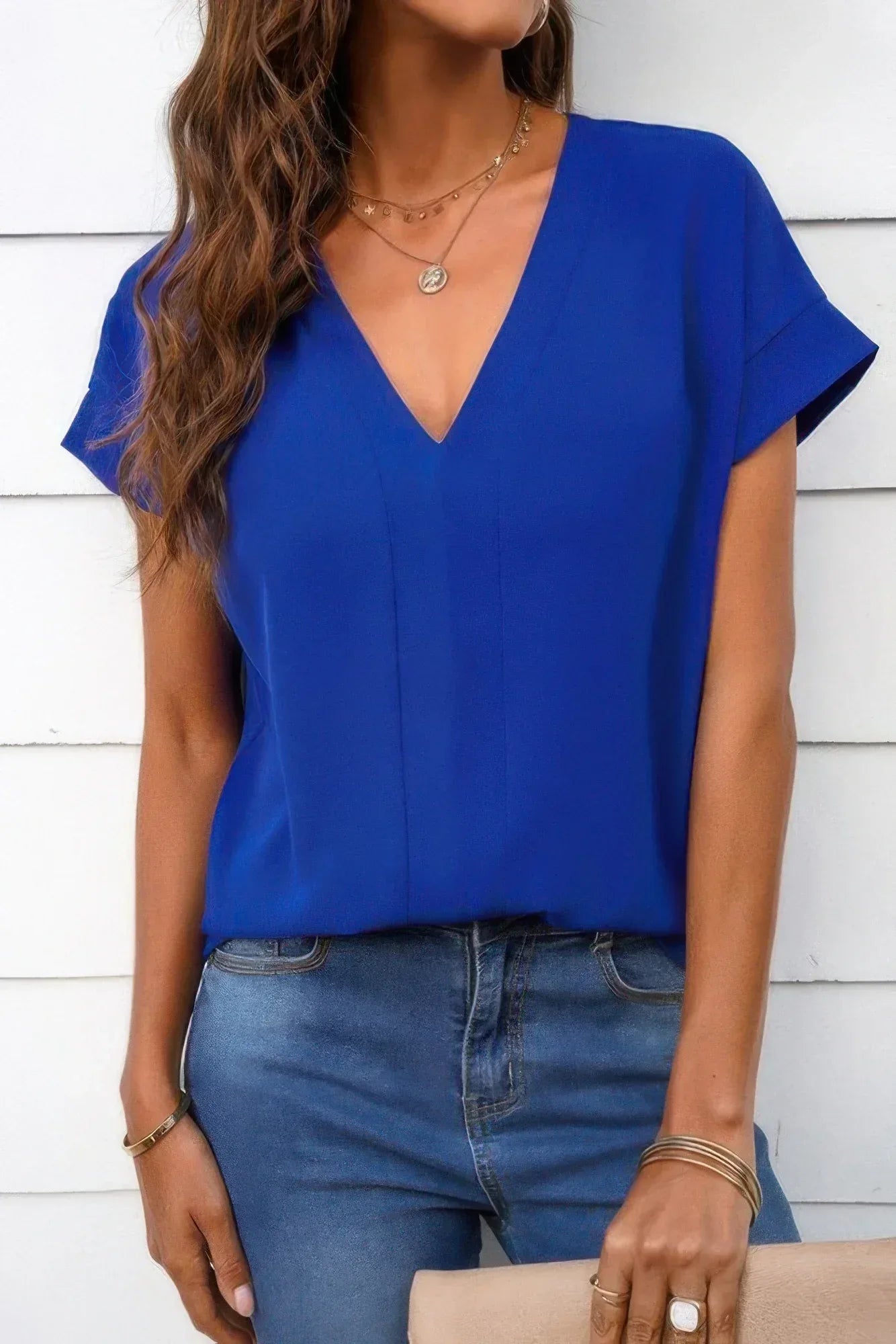 Solid V Neck Short Sleeve Loose Fit Shirt | Mixtshop LLC