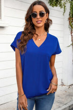 Solid V Neck Short Sleeve Loose Fit Shirt | Mixtshop LLC
