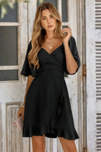 V Neck Bell Sleeves Ruffle Elastic Waist Wrap Dress | Mixtshop LLC