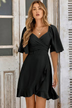 V Neck Bell Sleeves Ruffle Elastic Waist Wrap Dress | Mixtshop LLC