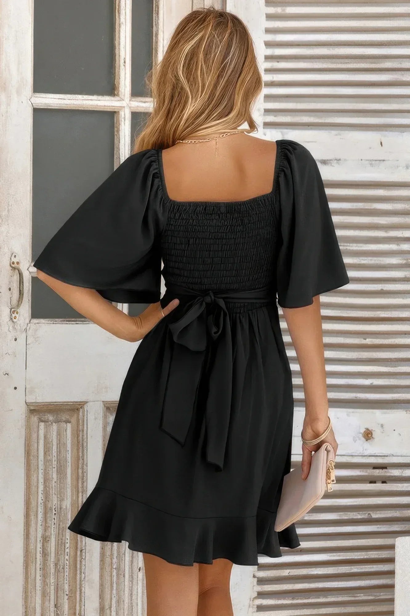 V Neck Bell Sleeves Ruffle Elastic Waist Wrap Dress | Mixtshop LLC