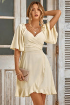 V Neck Bell Sleeves Ruffle Elastic Waist Wrap Dress | Mixtshop LLC