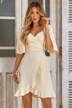 V Neck Bell Sleeves Ruffle Elastic Waist Wrap Dress | Mixtshop LLC