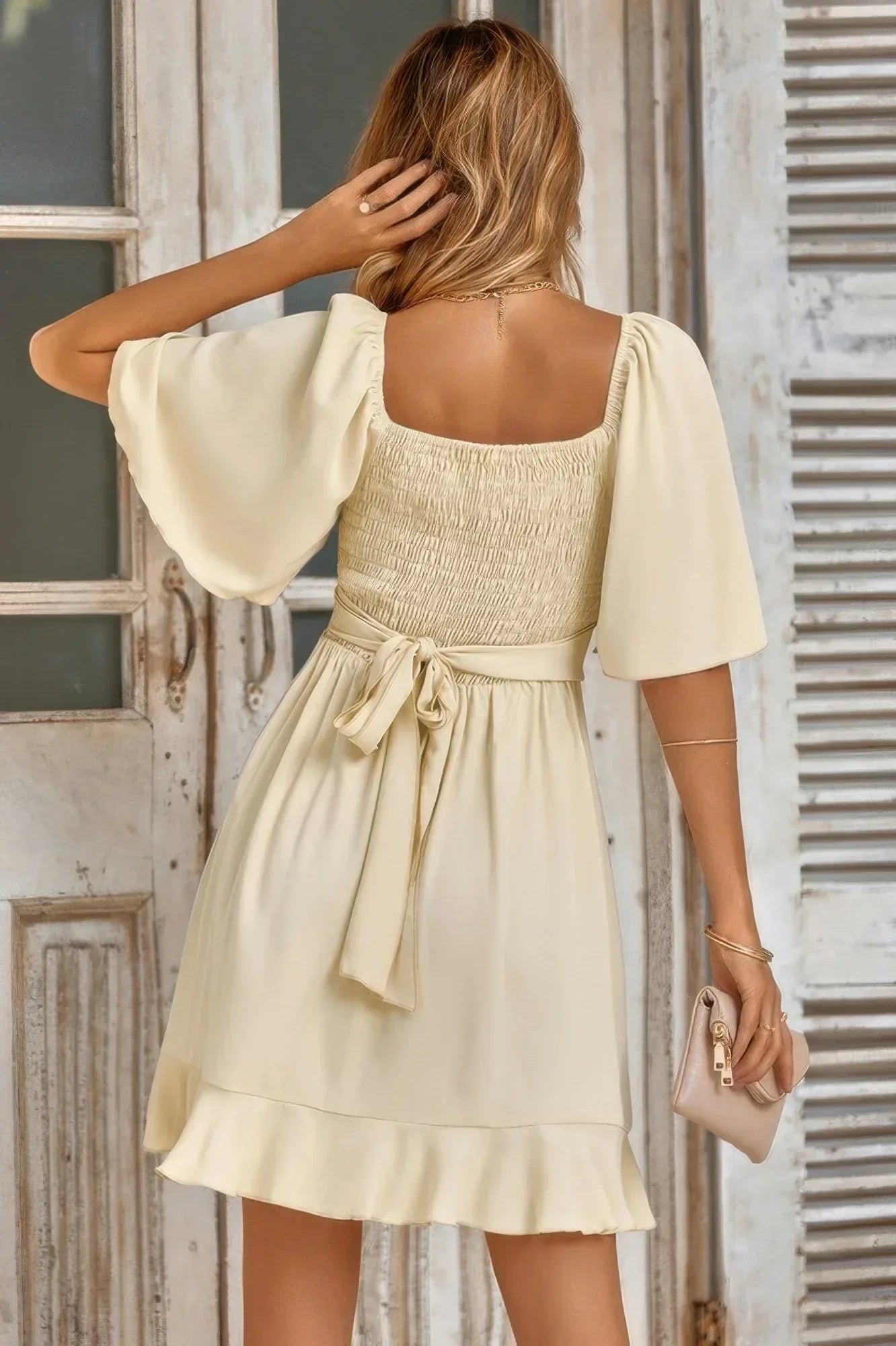 V Neck Bell Sleeves Ruffle Elastic Waist Wrap Dress | Mixtshop LLC