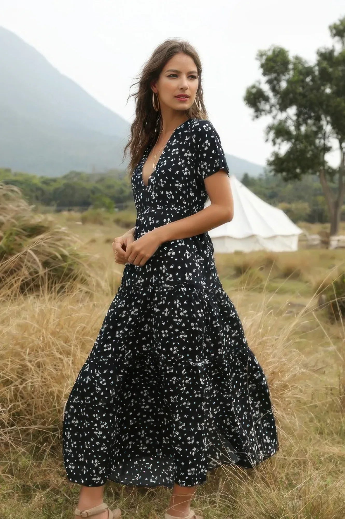 Elegant Floral Ruffle Deep V Neck Slit Dress | Mixtshop LLC Main image