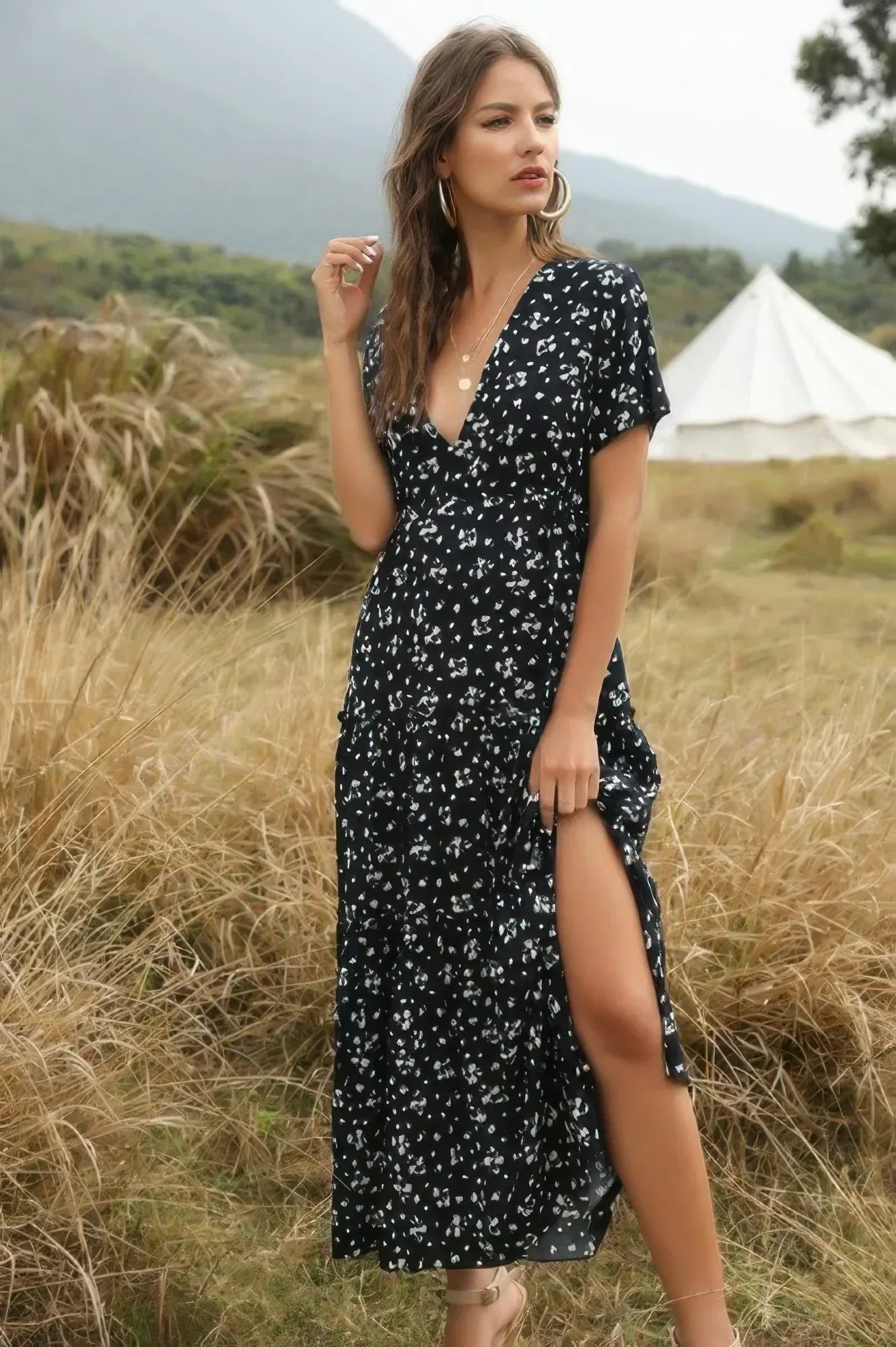 Elegant Floral Ruffle Deep V Neck Slit Dress | Mixtshop LLC