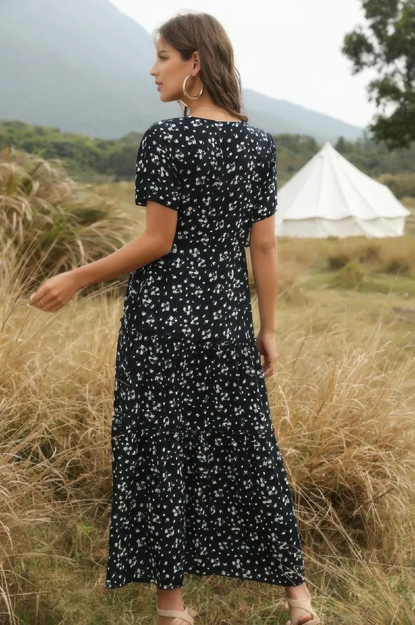Elegant Floral Ruffle Deep V Neck Slit Dress | Mixtshop LLC
