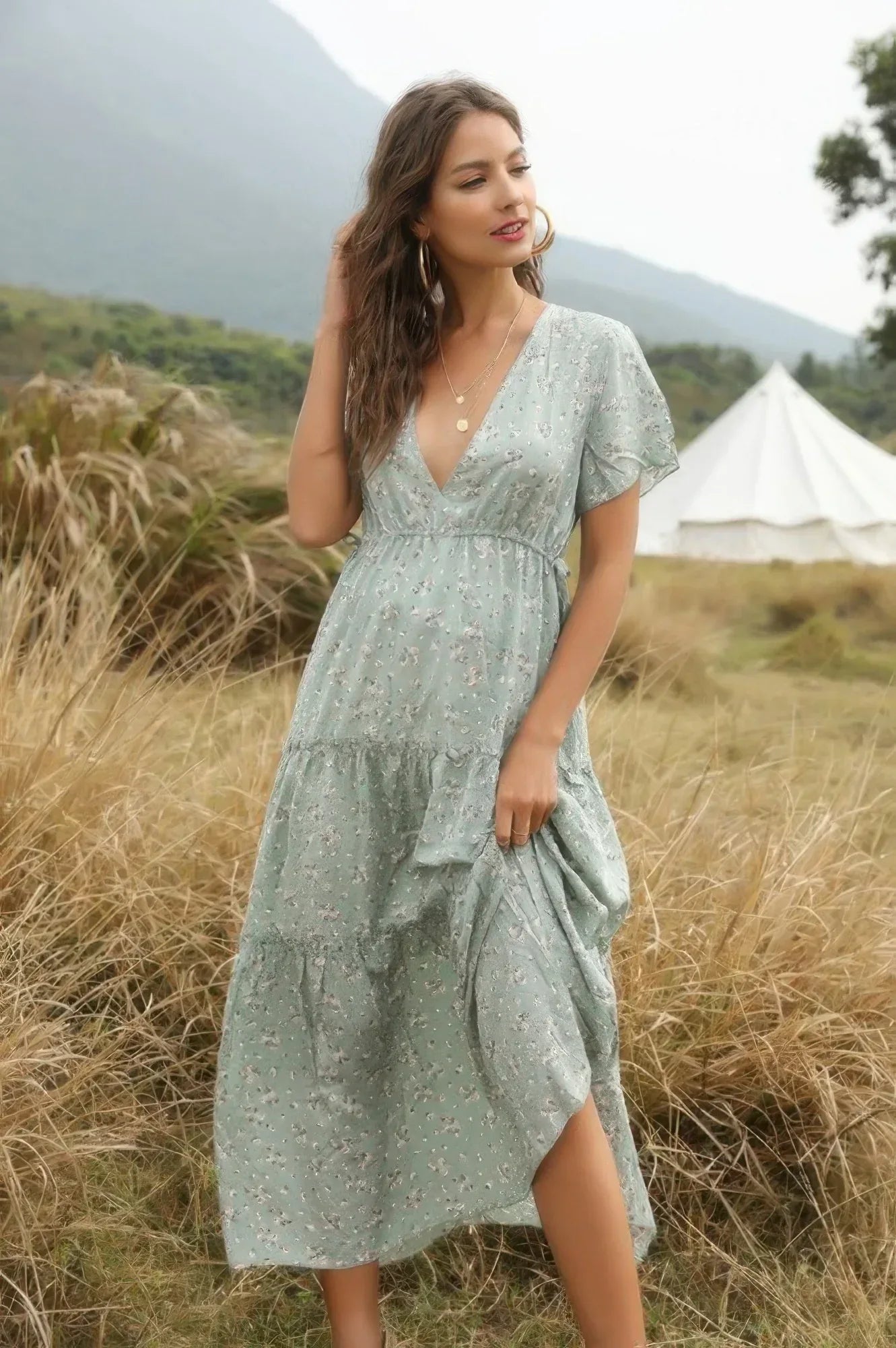 Elegant Floral Ruffle Deep V Neck Slit Dress | Mixtshop LLC