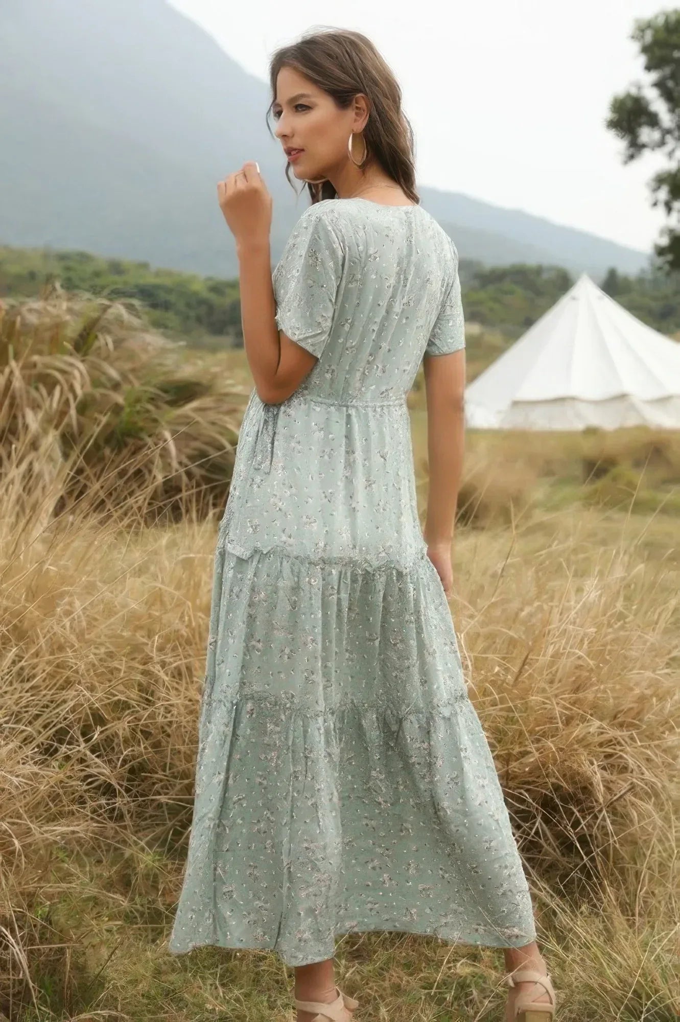 Elegant Floral Ruffle Deep V Neck Slit Dress | Mixtshop LLC