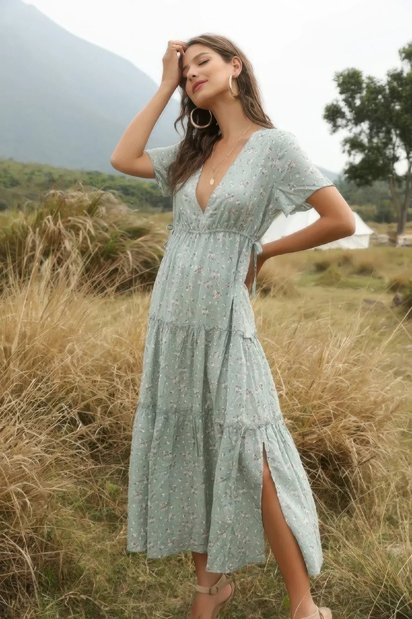 Elegant Floral Ruffle Deep V Neck Slit Dress | Mixtshop LLC