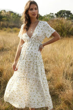 Elegant Floral Ruffle Deep V Neck Slit Dress | Mixtshop LLC