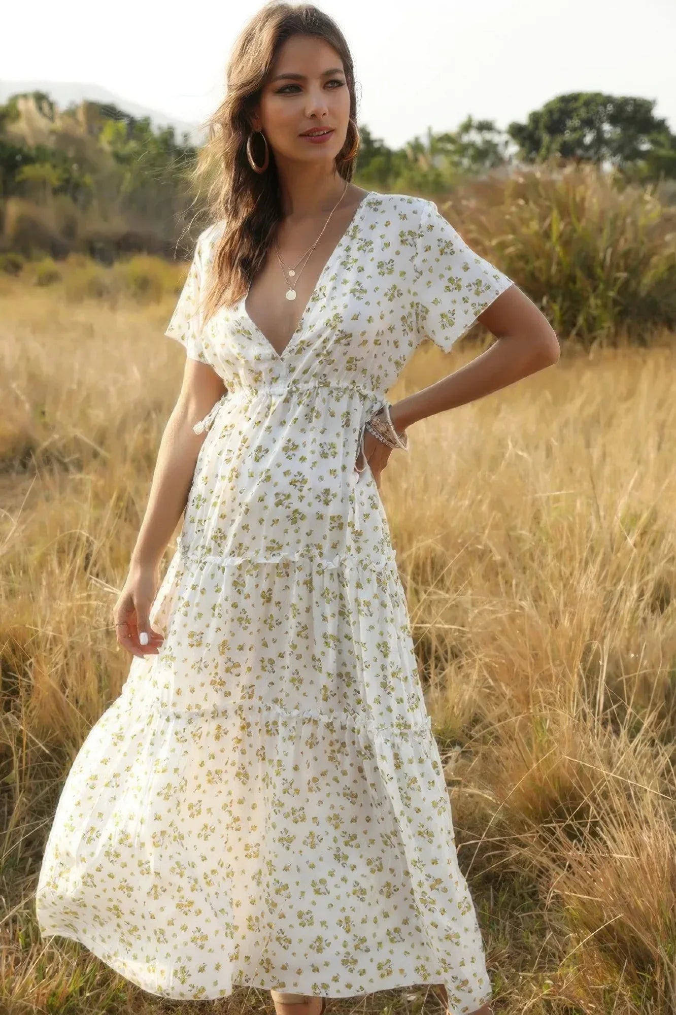 Elegant Floral Ruffle Deep V Neck Slit Dress | Mixtshop LLC