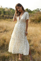 Elegant Floral Ruffle Deep V Neck Slit Dress | Mixtshop LLC