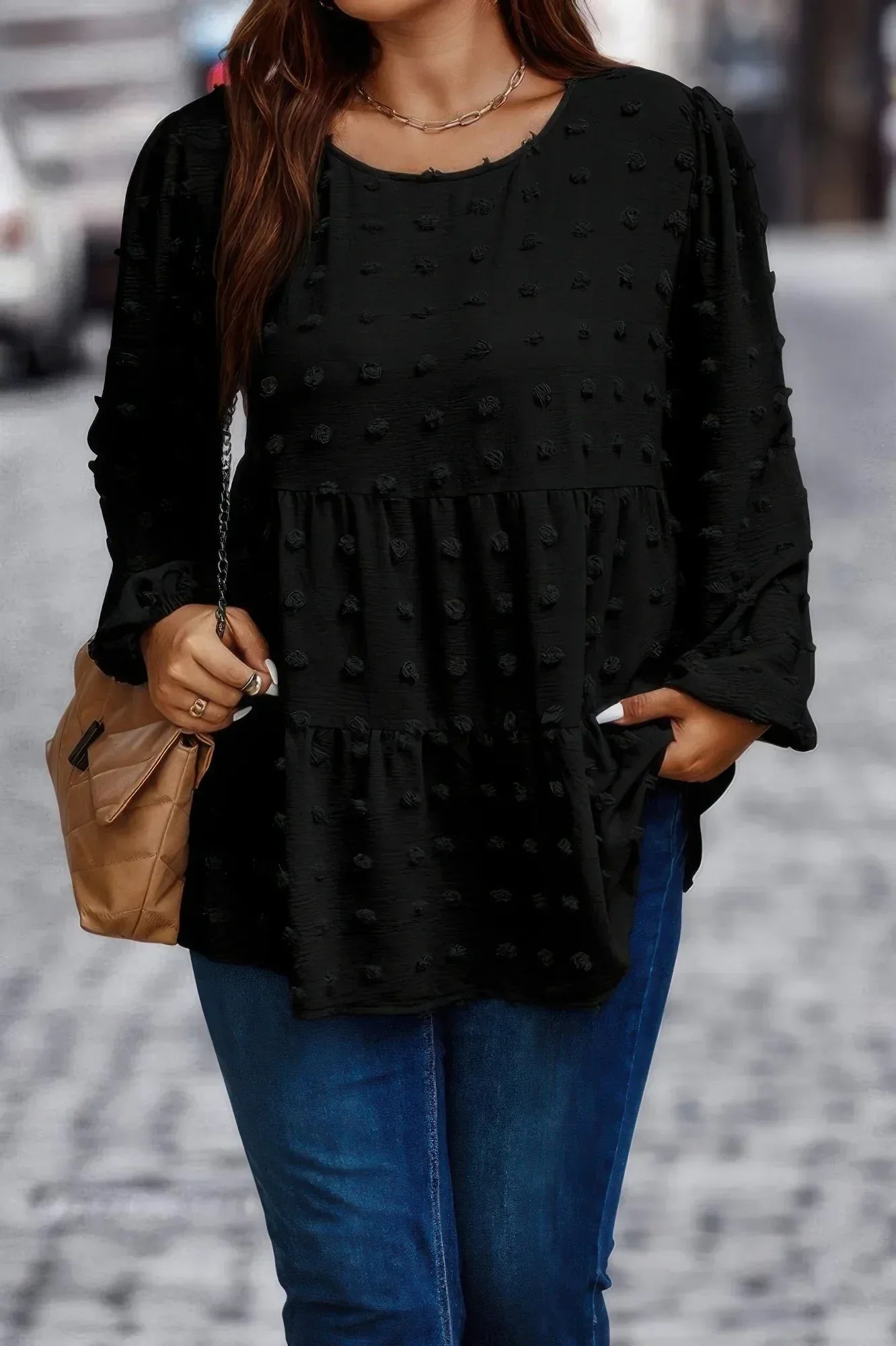 Plus Swiss Dot Round Neck Ruffle Hem Blouse | Mixtshop LLC Main image
