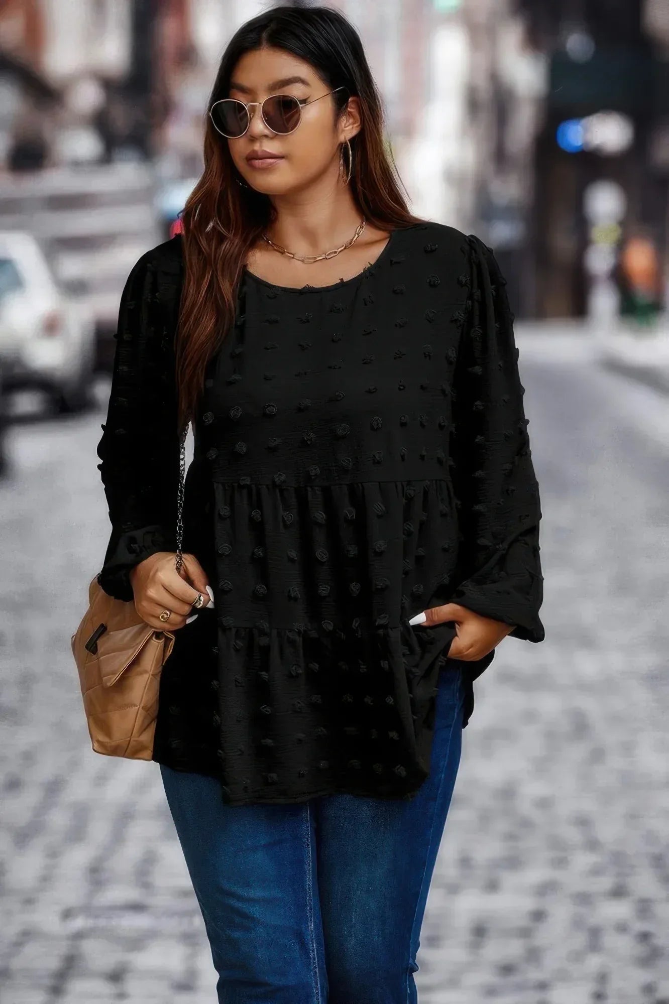 Plus Swiss Dot Round Neck Ruffle Hem Blouse | Mixtshop LLC