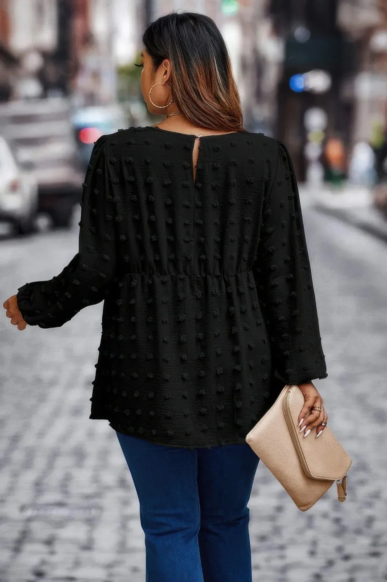 Plus Swiss Dot Round Neck Ruffle Hem Blouse | Mixtshop LLC