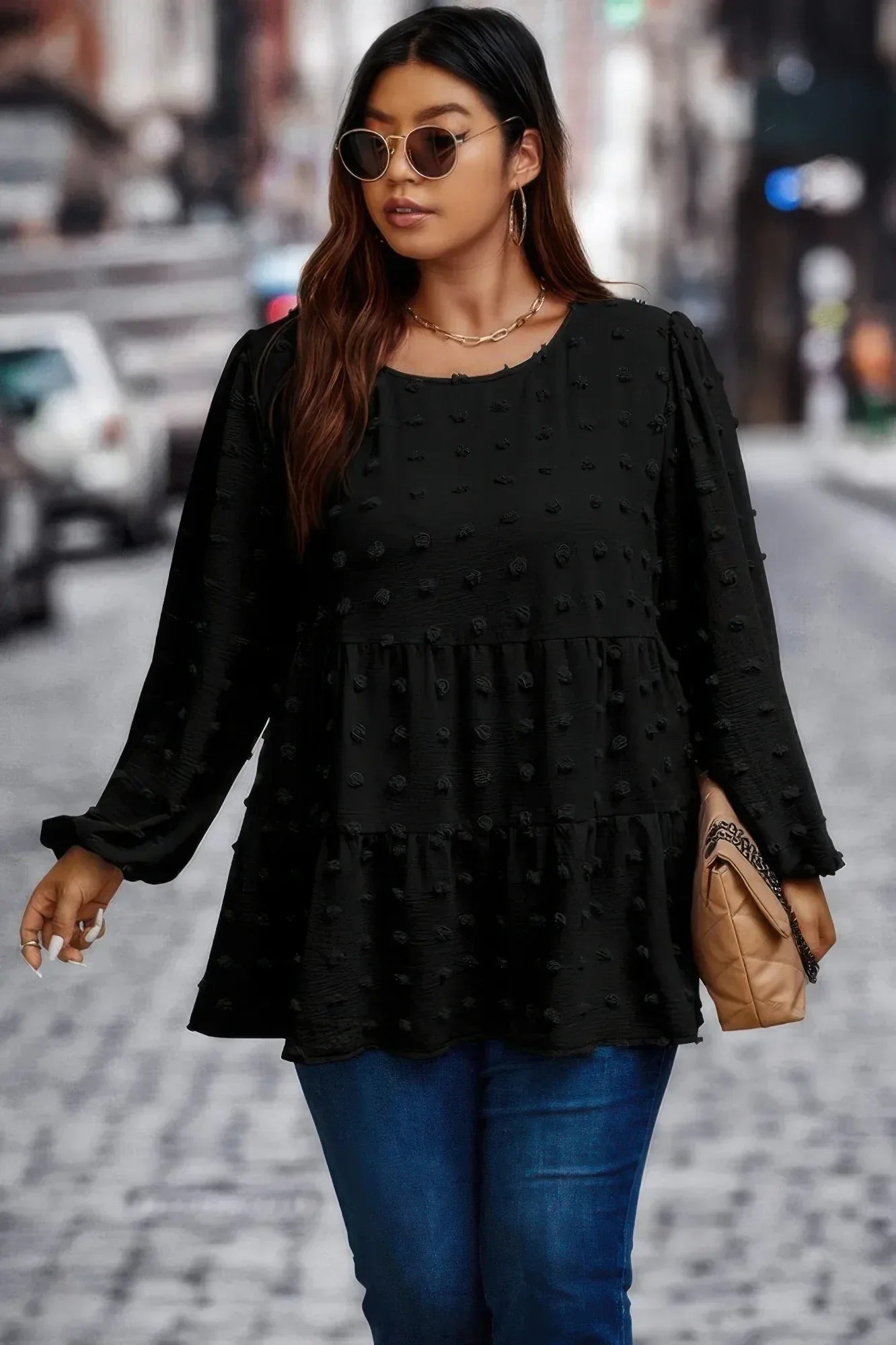 Plus Swiss Dot Round Neck Ruffle Hem Blouse | Mixtshop LLC