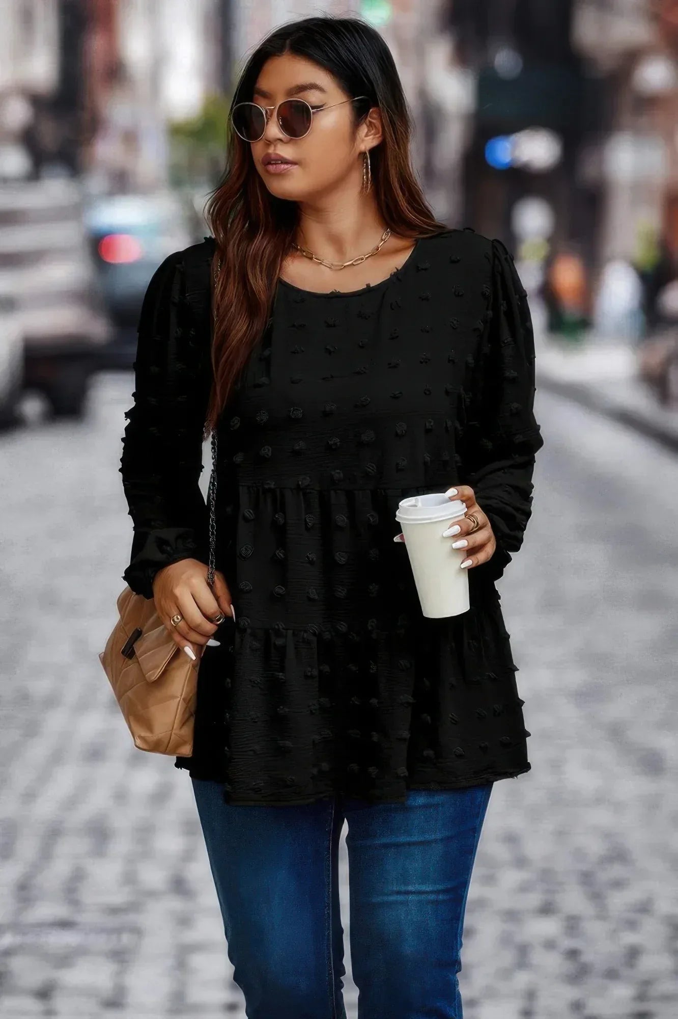 Plus Swiss Dot Round Neck Ruffle Hem Blouse | Mixtshop LLC