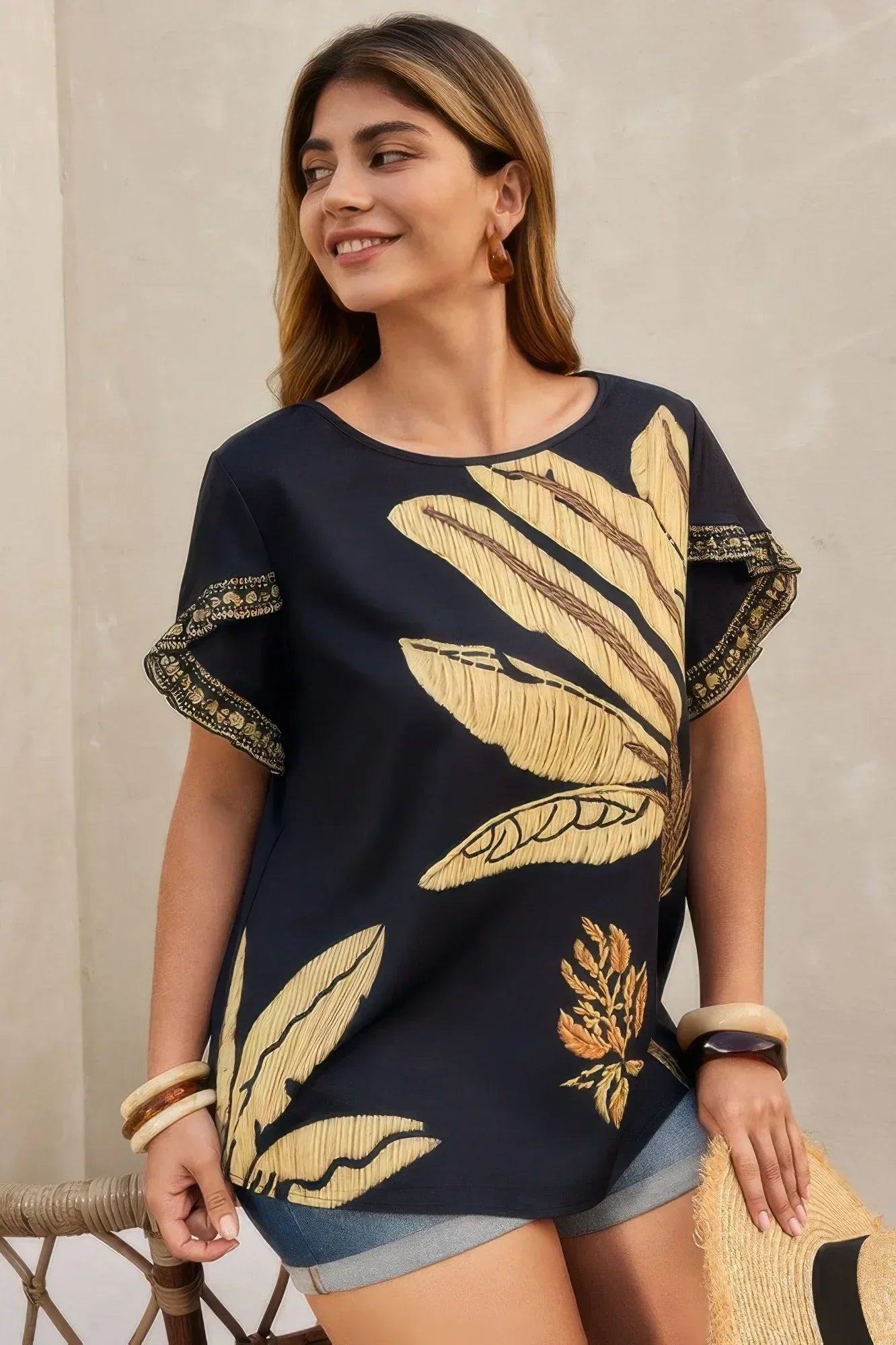 Plus Tropical Print Ruffle Hem Sleeve Blouse | Mixtshop LLC