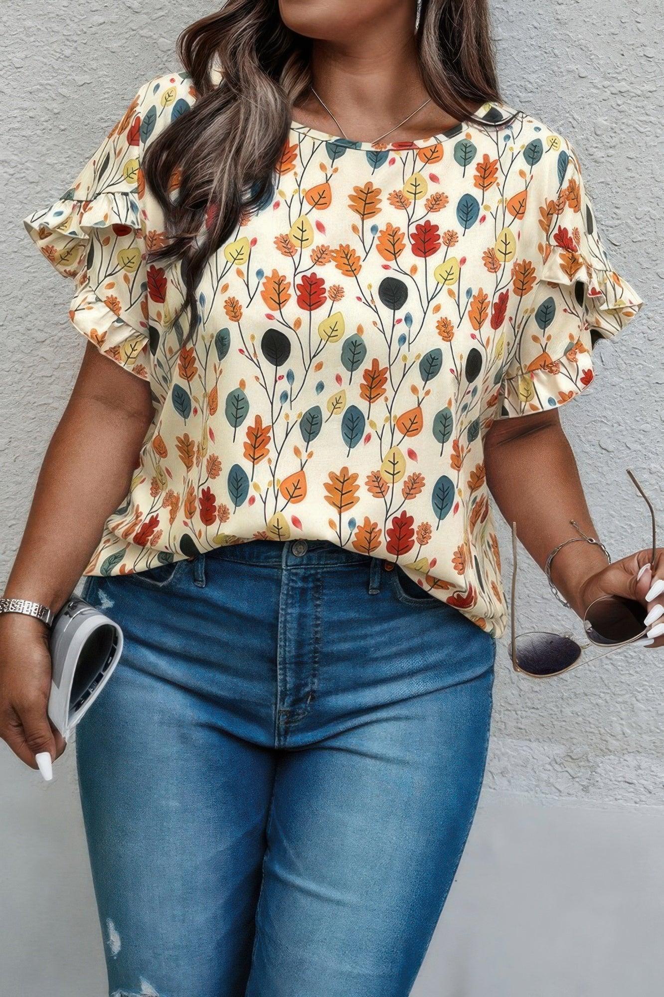 Plus Round Neck Floral Flounce Sleeve Loose Shirt | Mixtshop LLC Main image