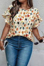 Plus Round Neck Floral Flounce Sleeve Loose Shirt | Mixtshop LLC