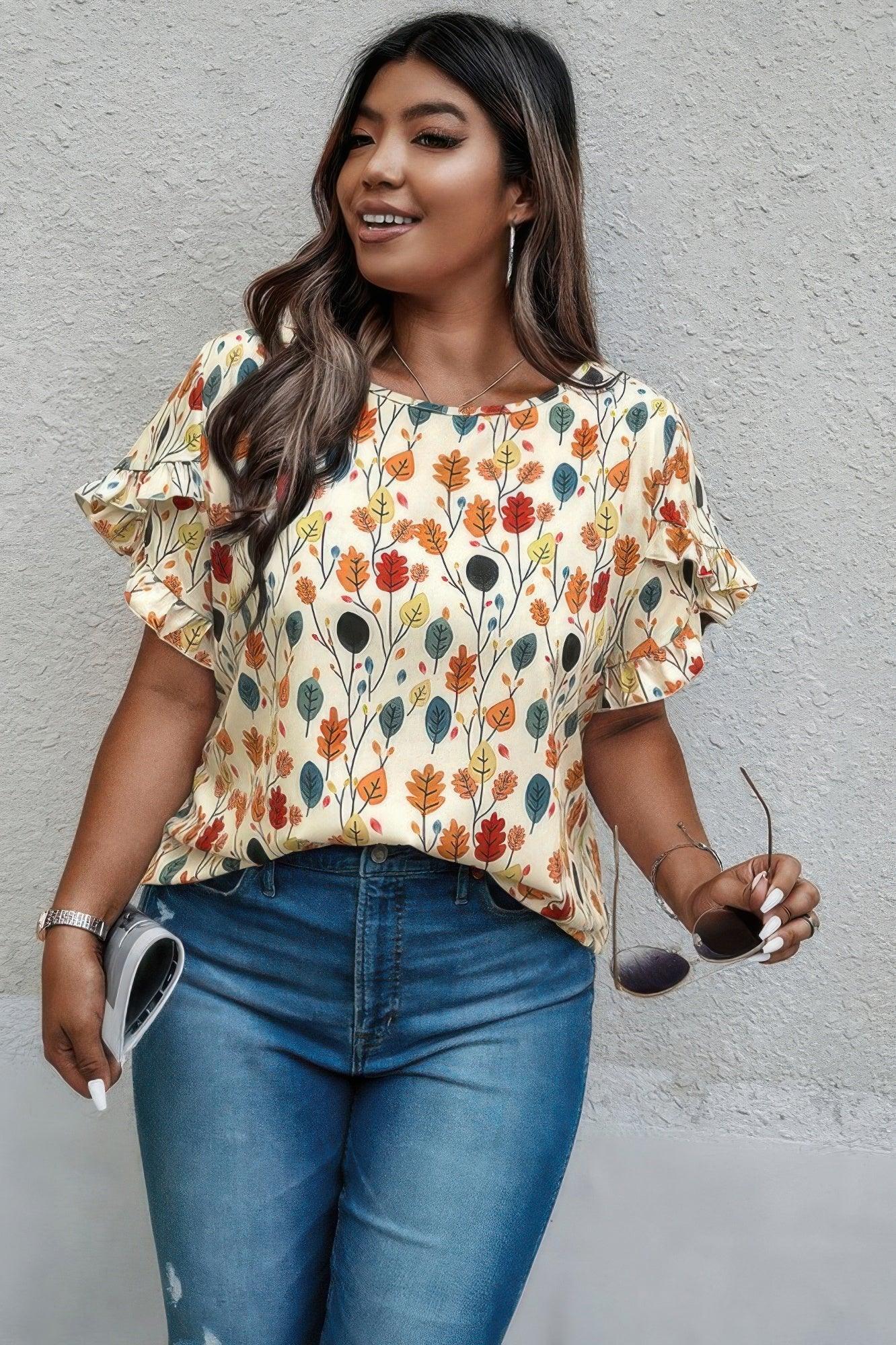 Plus Round Neck Floral Flounce Sleeve Loose Shirt | Mixtshop LLC