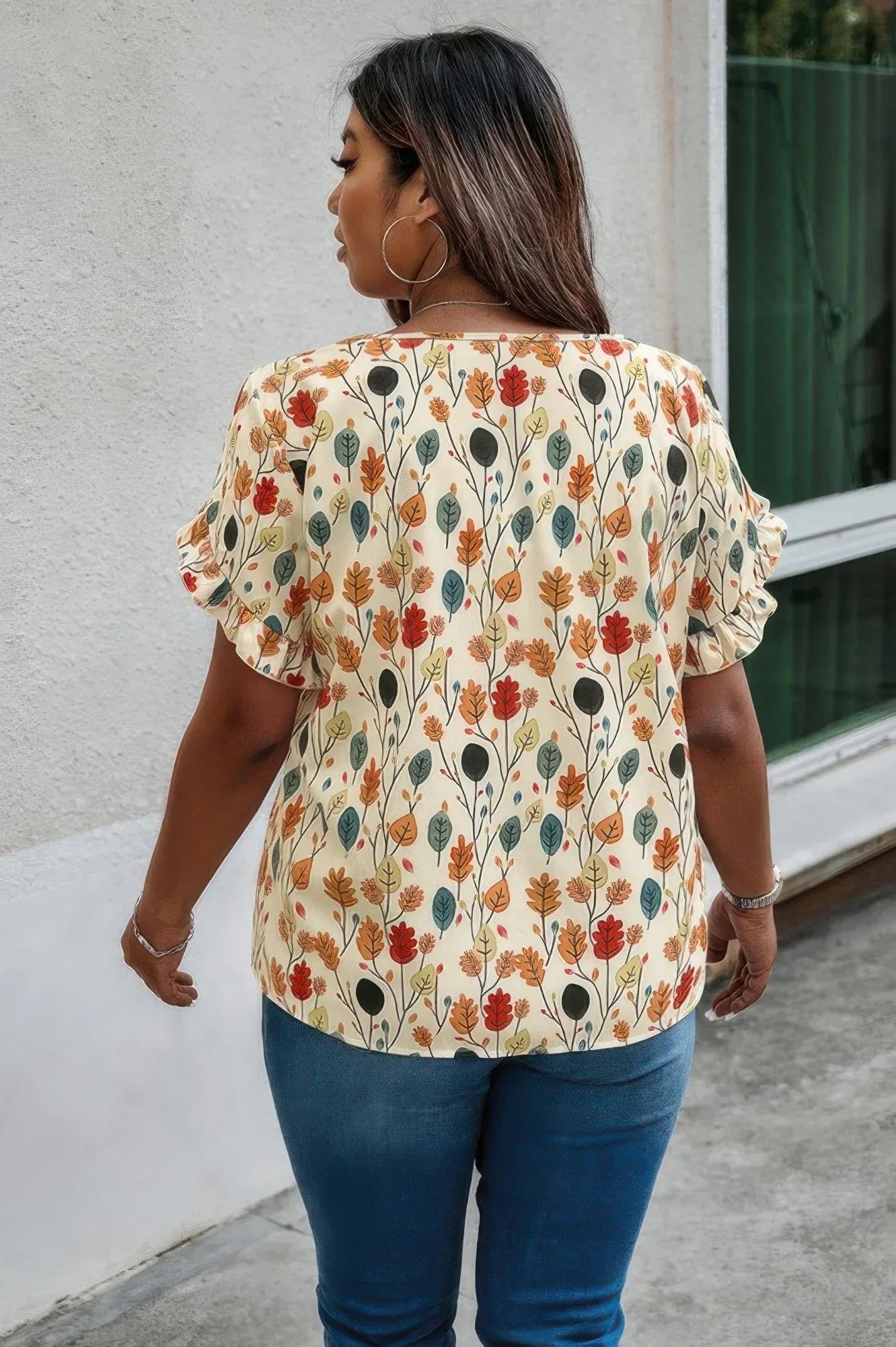 Plus Round Neck Floral Flounce Sleeve Loose Shirt | Mixtshop LLC