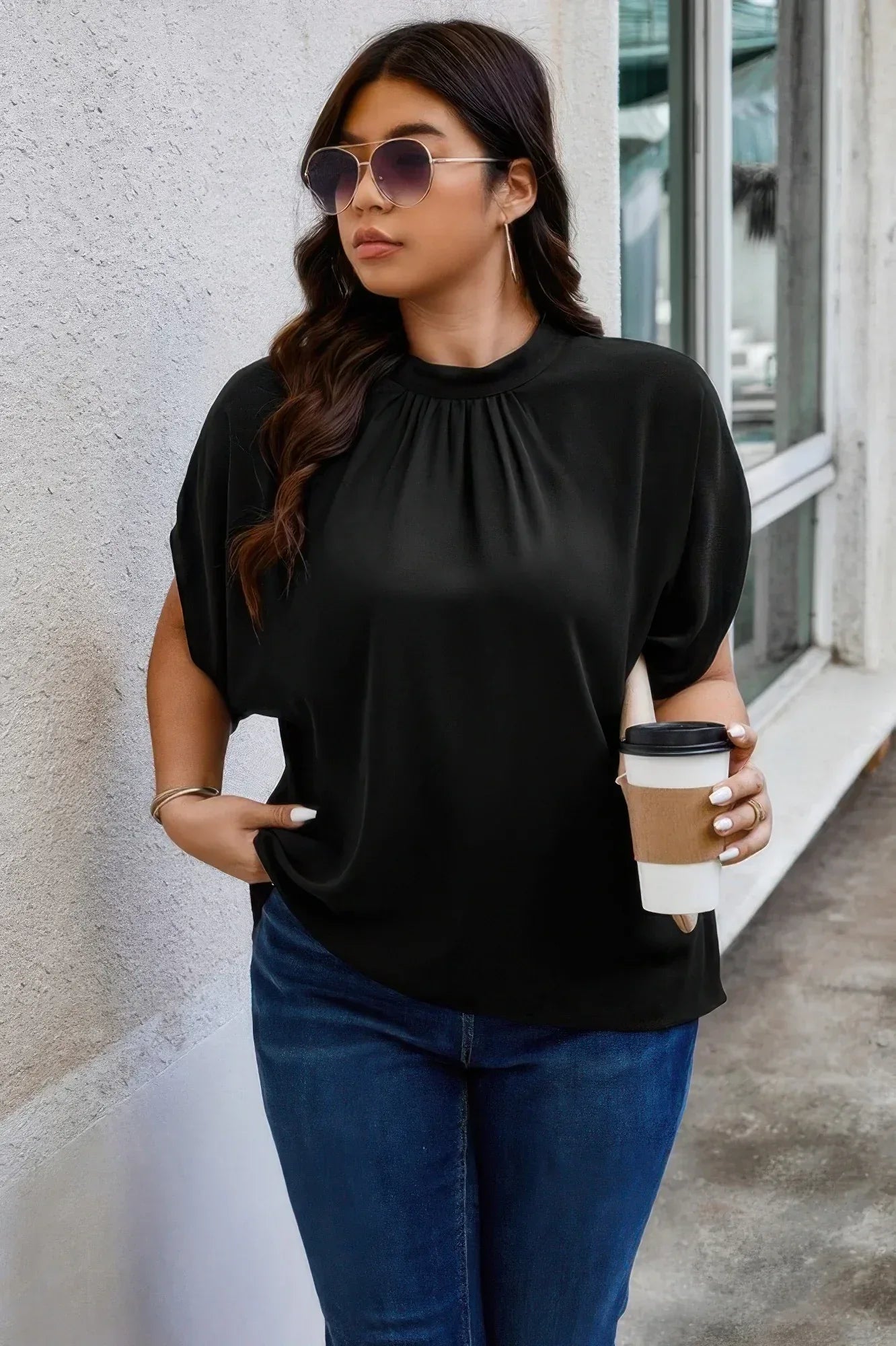 Plus Mock Neck Batwing Sleeve Loose Tunic Top Secondary image