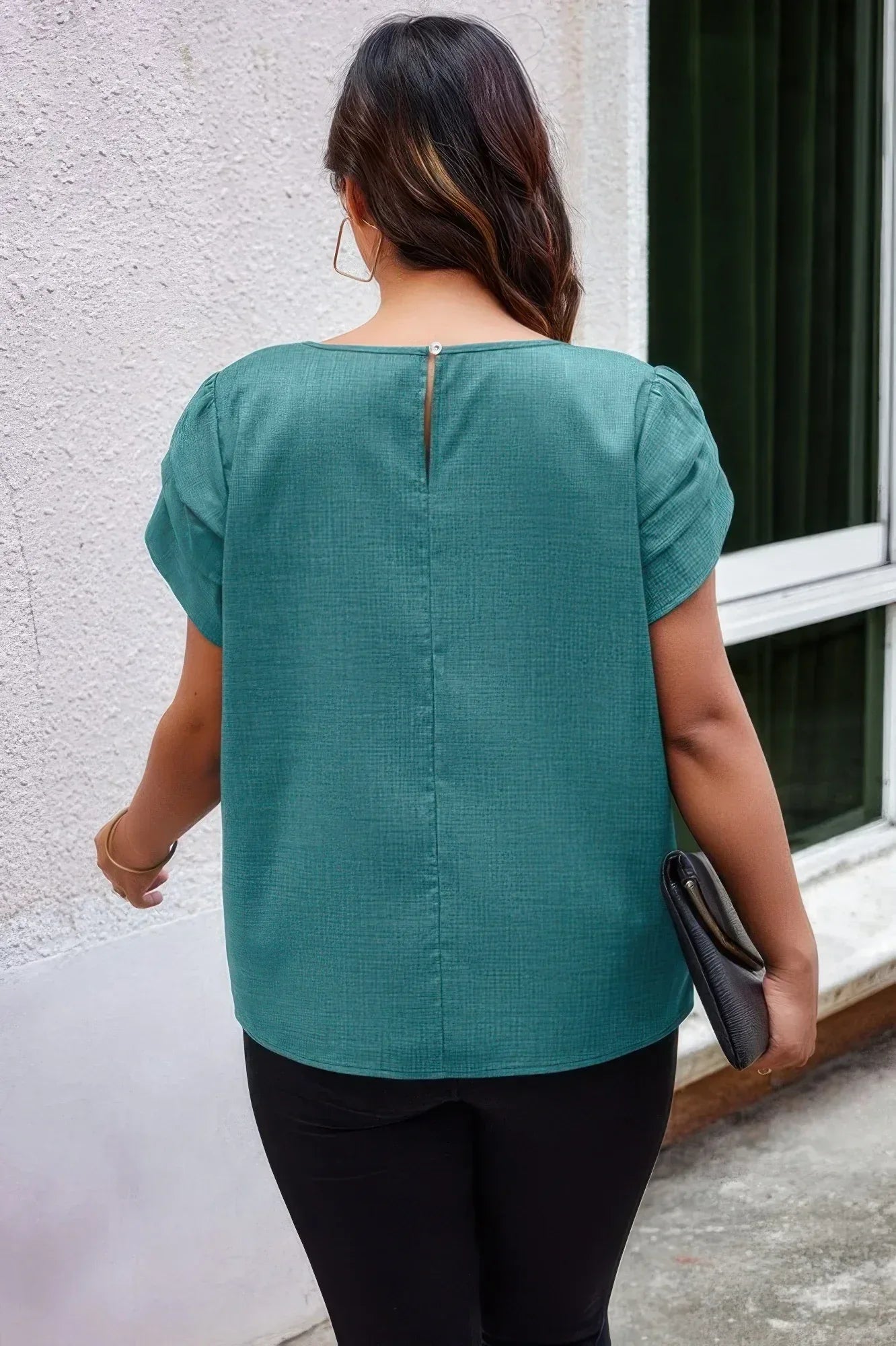Plus Size Solid Round Neck Fold Short Sleeve Shirt | Mixtshop LLC