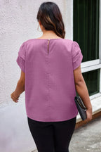 Plus Size Solid Round Neck Fold Short Sleeve Shirt | Mixtshop LLC