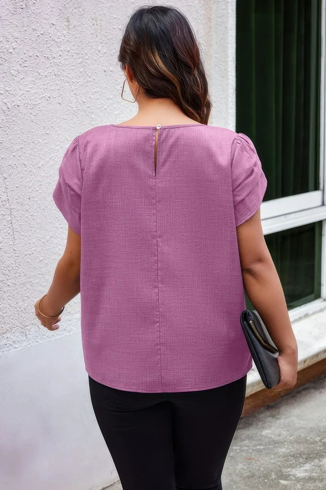 Plus Size Solid Round Neck Fold Short Sleeve Shirt | Mixtshop LLC