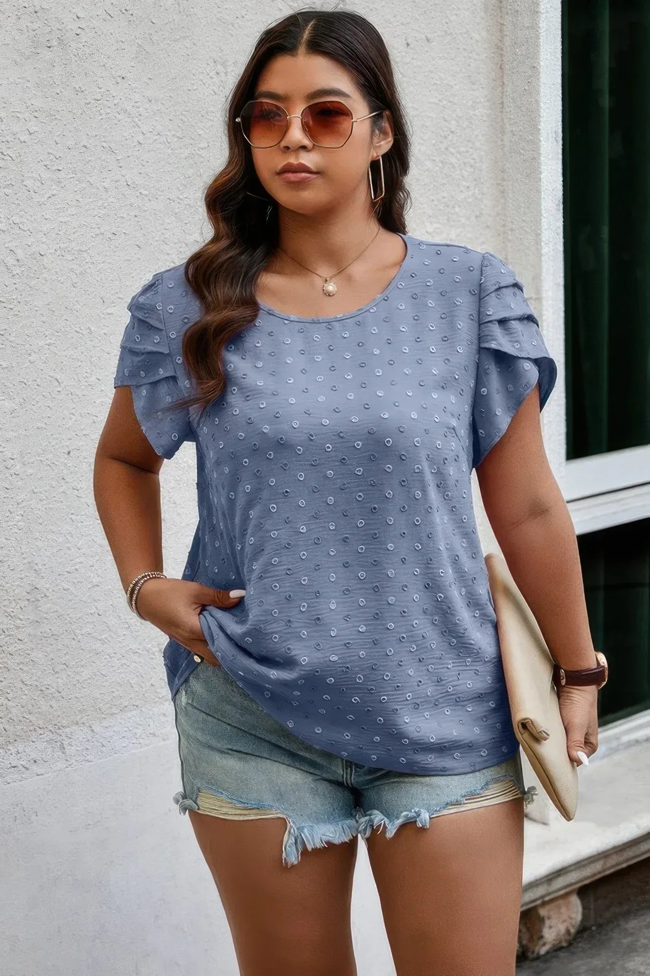 Plus Size Solid Swiss Dots Short Sleeve Blouse | Mixtshop LLC