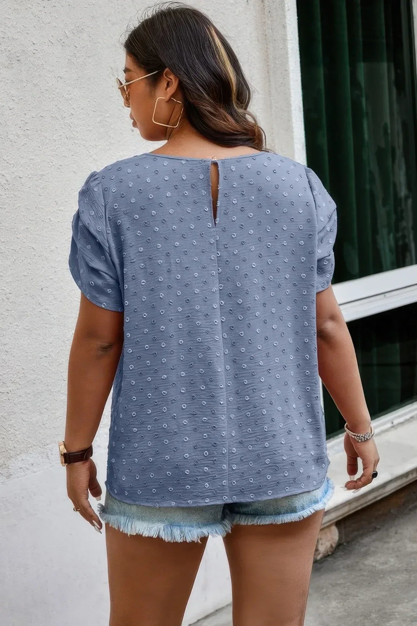 Plus Size Solid Swiss Dots Short Sleeve Blouse | Mixtshop LLC