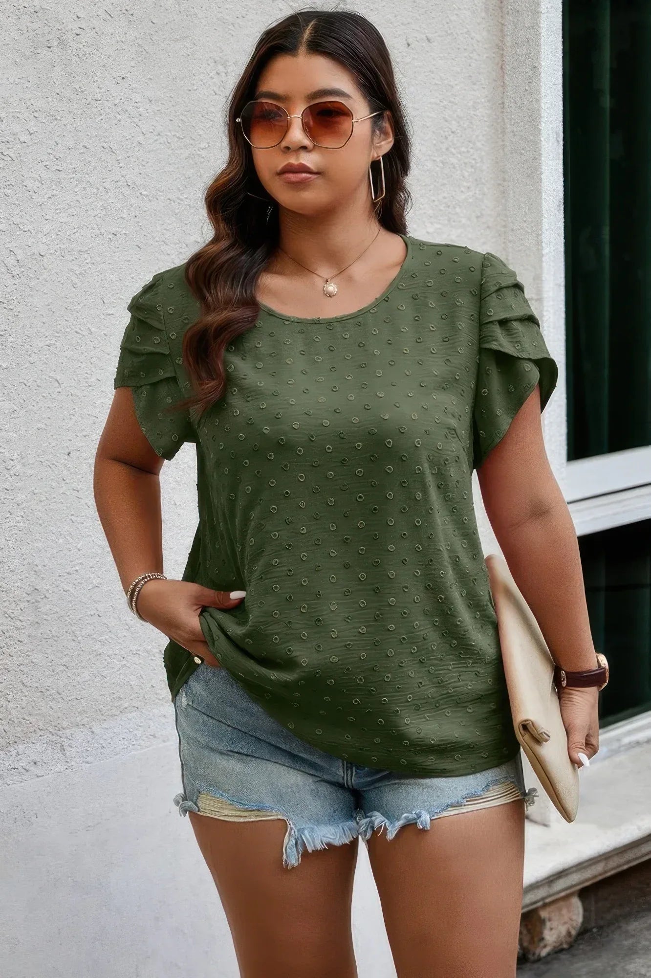 Plus Size Solid Swiss Dots Short Sleeve Blouse | Mixtshop LLC